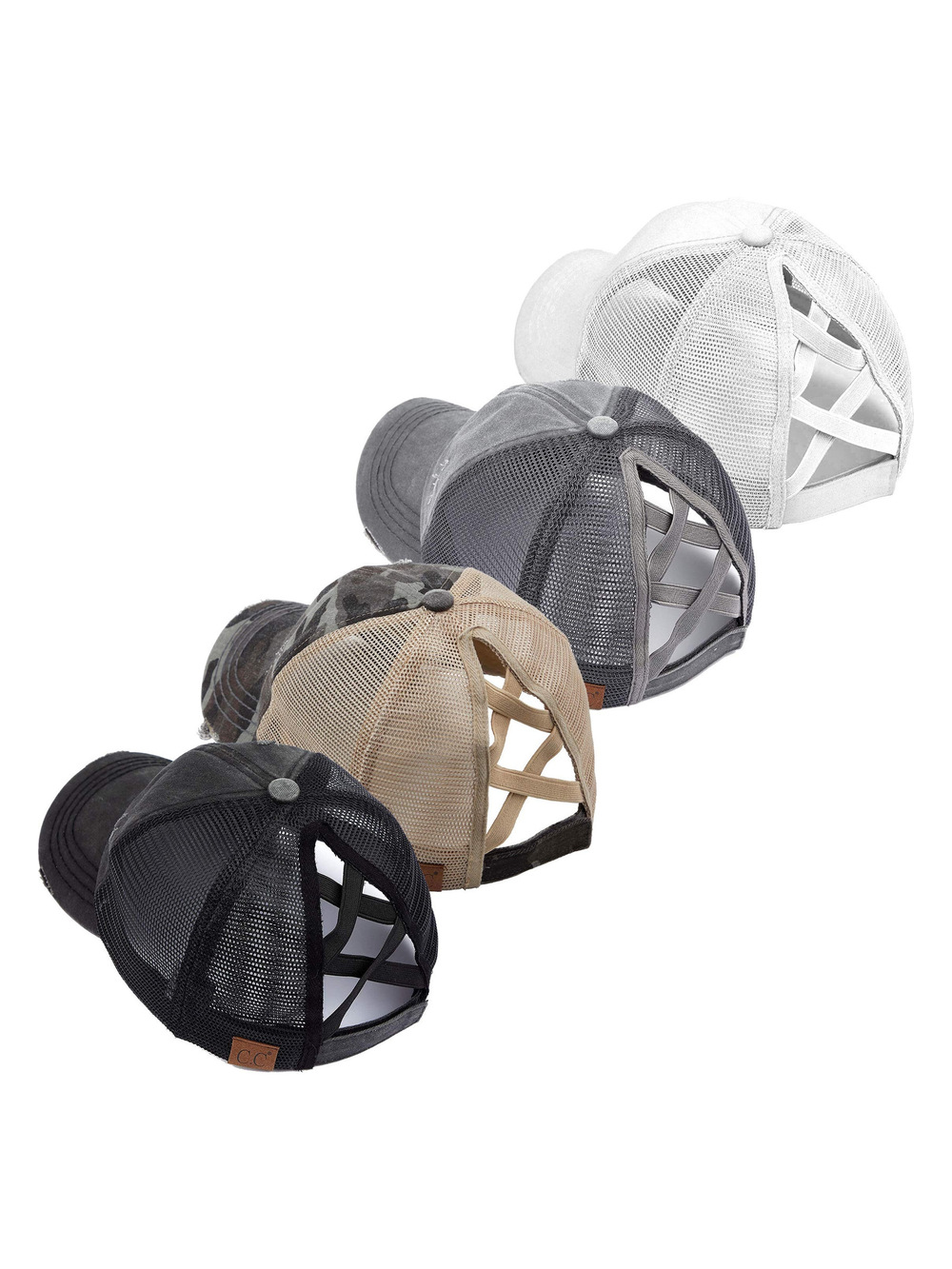 Criss Cross Ponytail Cap, Messy Bun Distressed Baseball | Black, Gray | Size OS
